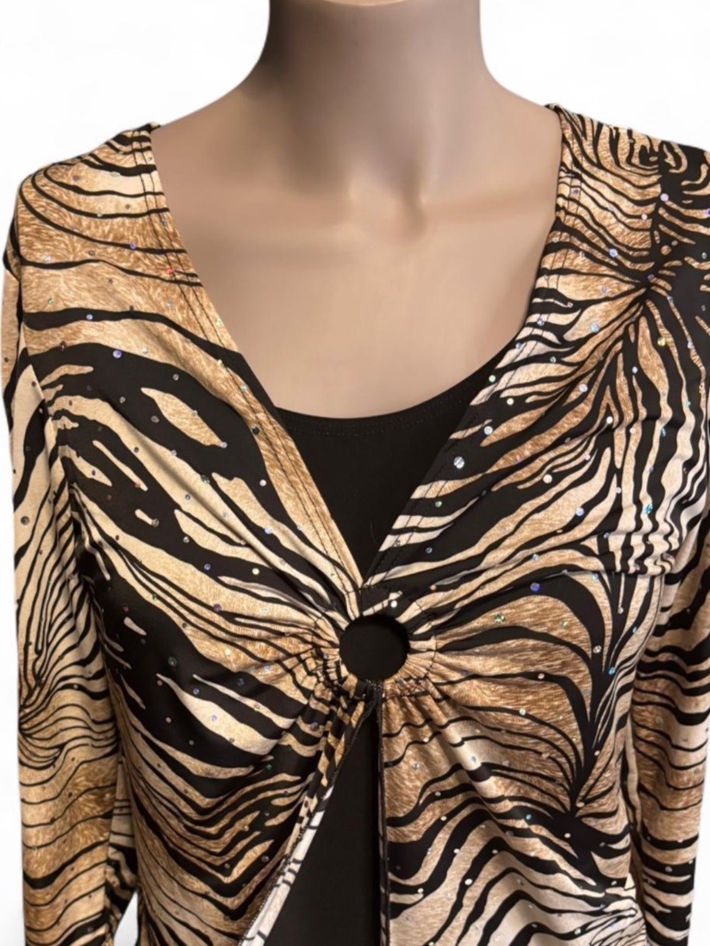dressbarn Black and Gold Zebra-Print Ring-Front Blouse festival beach y2k
